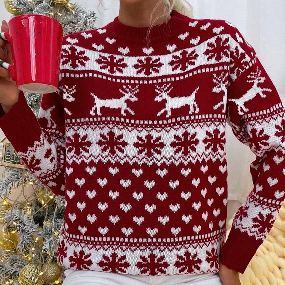 Red Casual Women's Christmas Knit Pullover Drop Shoulder Sweater - Picture 1 of 6